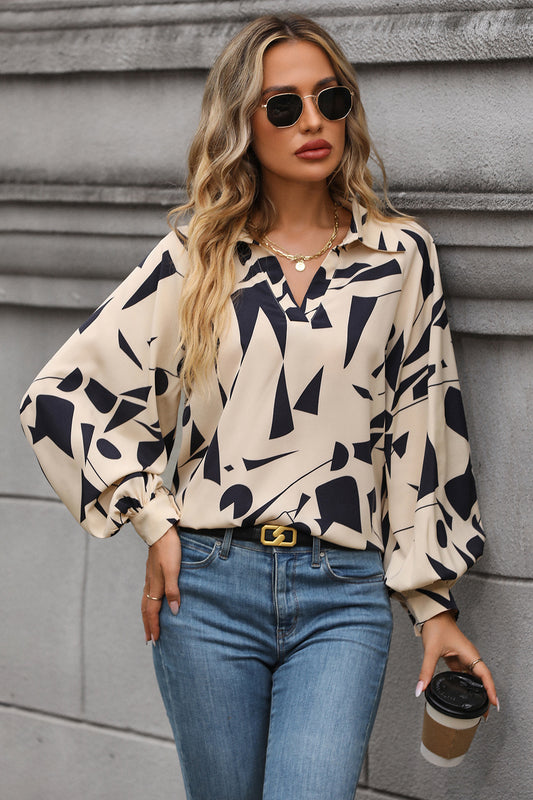 Perfee Printed Johnny Collar Blouse